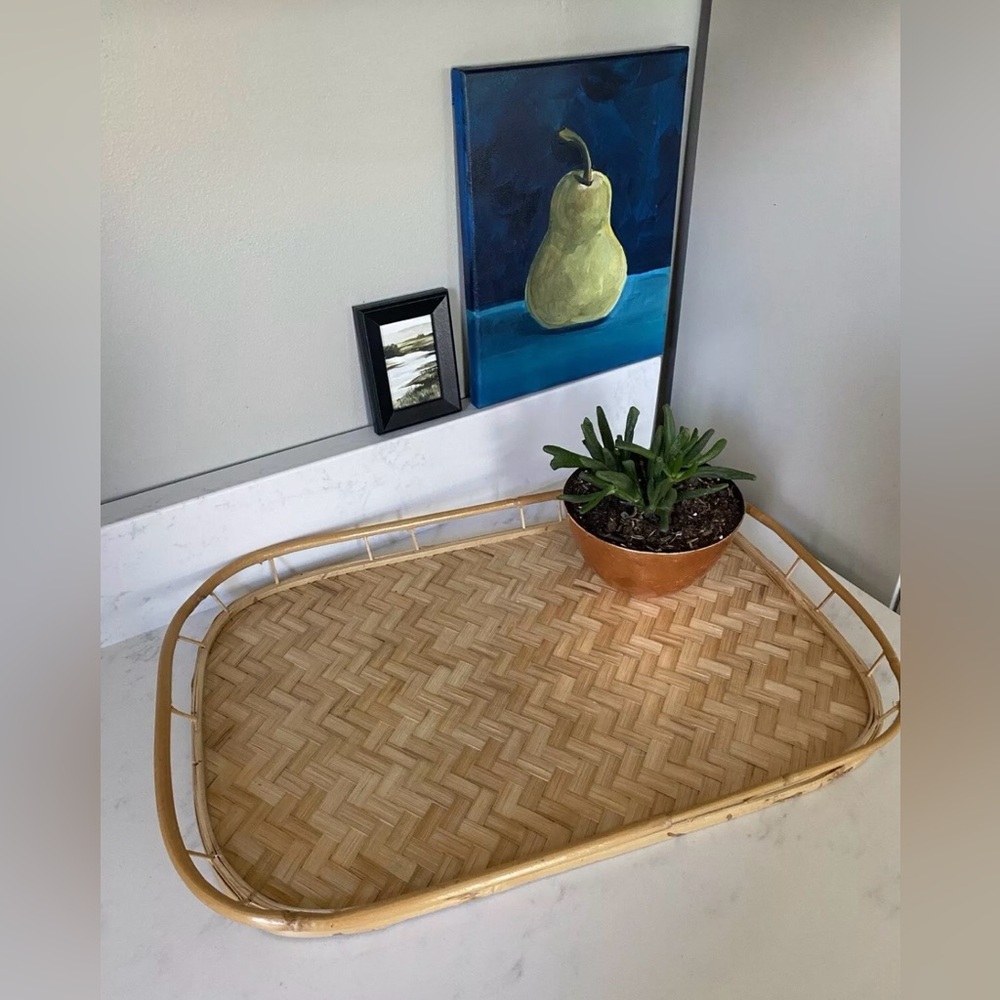Vintage 19” Braided Basket Woven Wicker Rattan Bamboo Vanity Serving Tray Decor